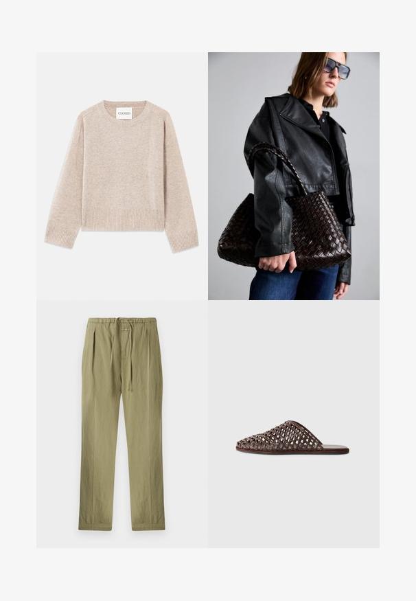 Beige gebreide trui met een ronde hals en geribbelde manchetten. Heeft een relaxte pasvorm en een subtiele textuur, gelabeld met 'CLOSED' op het label.; Licht olijfgroene broek van katoen, met een verstelbare tailleband, plooien en een rechte pijpdesign. Zachte textuur met minimale accenten.; Bruine geweven slider-sandaal met een ronde neus, open ontwerp, platte zool en een textuur. Lichtgewicht materiaal en een minimalistische silhouette.; DRAGON DIFFUSION SANTA CROCE BIG - Handtas - dark brown