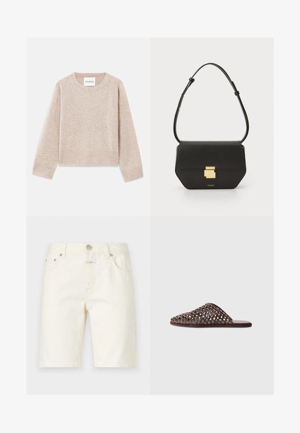 Beige gestrickter Pullover mit Rundhalsausschnitt und gerippten Bündchen. Hat eine lockere Passform und eine subtile Textur, mit dem Etikett "CLOSED".; CLOSED JINNIE - Shorts - white; Braune gewobene Rutsch-Sandale mit abgerundeter Zehe, offenem Design, flacher Sohle und texturierter Oberfläche. Leichtes Material und minimalistisches Silhouette.; CLOSED CLOSED ONE - Umhängetasche - black