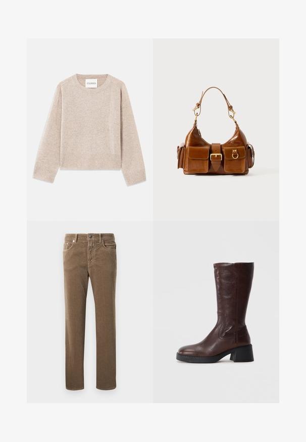 Bežový pletený sveter s okrúhlym výstrihom a rebrovanými manžetami. Má voľný strih a jemnú textúru, označený štítkom "CLOSED".; Hnedé kordové nohavice rovného strihu s prednými vreckami, pútkami na opasok a zapínaním na gombík na bielom pozadí.; Hnedá kožená vysoká boot s textúrovaným povrchom, štvorcovou špičkou a nízkym blokovým podpätkom. Má bočné šitie a mierne rozšírený horný okraj.; Hnedá kožená kabelka s zakriveným tvarom, dvojitým zlatým kovovým doplnkom, dvoma prednými vreckami a širokým popruhom. Hladká textúra s elegantným vzhľadom.