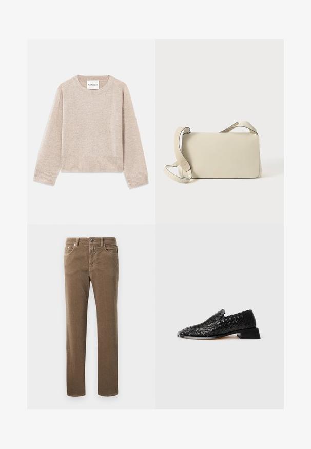 Pull en maille beige avec un col rond et des poignets côtelés. Présente une coupe décontractée et une texture subtile, étiqueté "CLOSED" sur l'étiquette.; Pantalons en velours côtelé marron à jambe droite avec poches avant, passants de ceinture et fermeture à bouton sur fond blanc.; Chausson en cuir noir tressé à enfiler avec un petit talon carré et des détails festonnés, présenté sur un fond blanc.; Sac à bandoulière en cuir couleur crème avec sangle réglable et fermoir à rabat, posé sur un fond blanc uni.