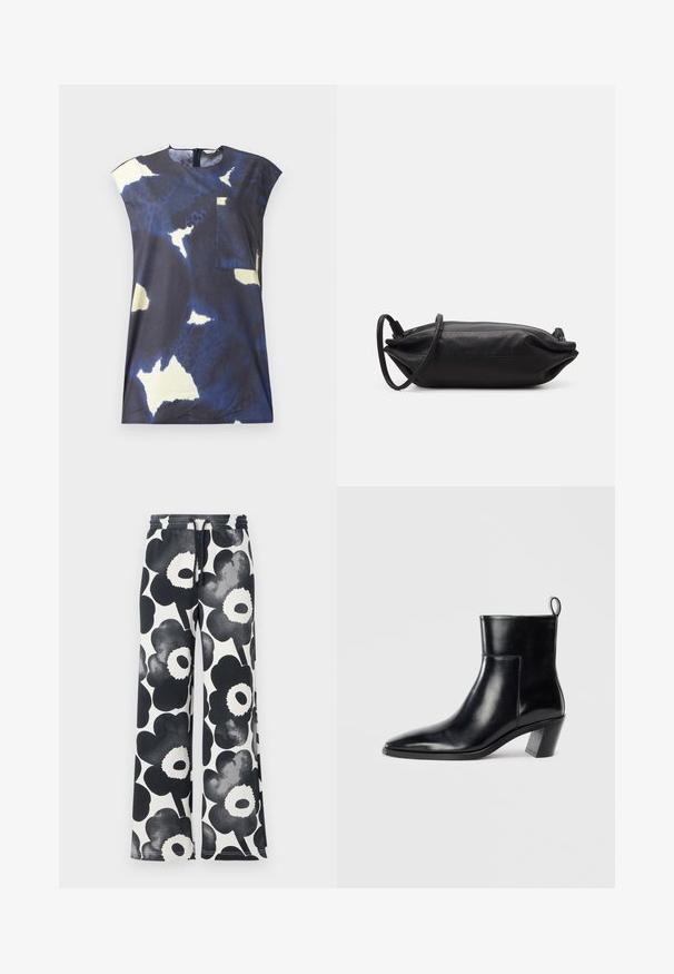 Maglione lavorato a maglia color crema con grandi motivi astratti neri. Presenta un collo tondo a coste e maniche larghe per una vestibilità comoda.; Top blu navy con motivi astratti giallo chiaro e bianco. Presenta uno scollo arrotondato e una piccola tasca applicata sul davanti.; Pantaloni a gamba larga con motivo floreale in bianco e nero, dotati di vita regolabile con cordoncino e texture liscia, caratterizzati da grandi fiori stilizzati.; Stivale alla caviglia in pelle nera con punta affusolata, tacco geometrico impilato e nastro di presa sul retro. Texture liscia e design elegante.; Borsa a tracolla nera in pelle, di forma rettangolare, con una texture liscia, una sottile tracolla e un design minimalista.