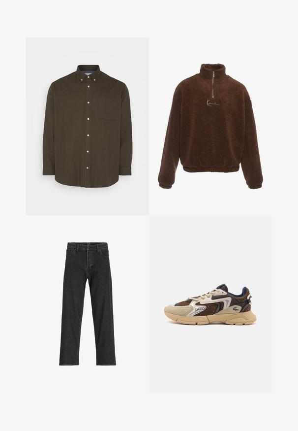 Hnedý fleecový pulóver s vysokým golierom, predným polozipsom a dlhými rukávmi. Na hrudi sa nachádza biely logotyp. Mäkka, textúrovaná látka.; Jack & Jones JPRBLUNORRIS SHIRT - Košeľa - peat; Čierne džínsy s rovnými nohavicami, s púzdrom na zips, pútkami na opasok a šiestimi vreckami, vyrobené z pevnej zmesovej bavlny.; Béžové a hnedé tenisky s textúrovanými sieťovinovými panelmi, semišovými akcentmi a gumovou podrážkou. Obsahujú šnurovací dizajn a značkovú grafiku.