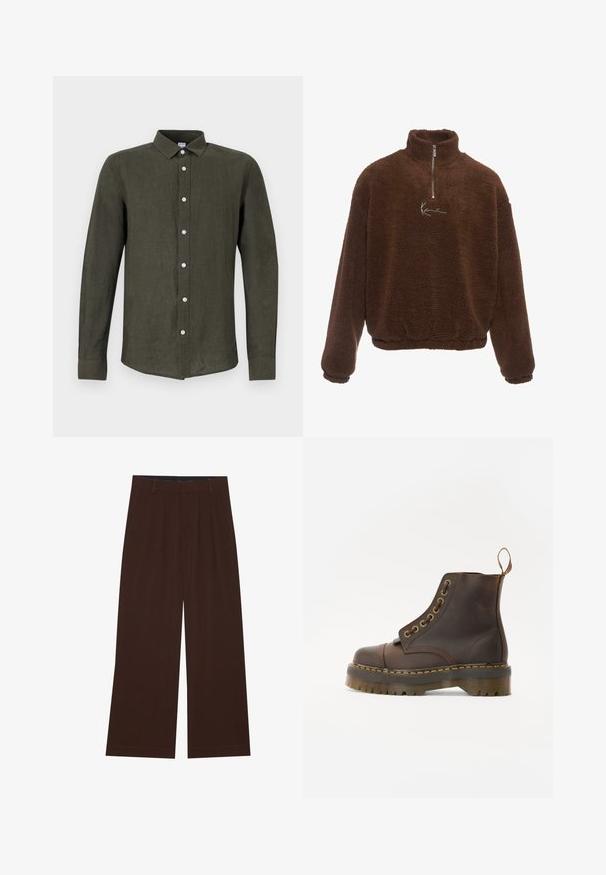 Hnědý fleecový pulovr s vysokým límcem, s polo zipem vpředu a dlouhými rukávy. Má bílé logo na hrudi. Měkká, strukturovaná tkanina.; Tmavě zelená dlouhá košile z lnu. Má zapínání na knoflíky vpředu se světlými knoflíky a límec pro strukturovaný vzhled.; Hnědé kalhoty s širokým střihem a skladbami. Vyrobeny z hladké tkaniny, s upraveným pasem a postranními kapsami. Rovný lem na spodní straně.; Hnědá kožená kotníková bota s kulatou špičkou, kontrastním žlutým švem, dekorativními kovovými očky a drážkovanou gumovou podrážkou.