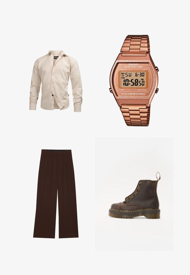 Brązowy polarowy pulower z wysokim kołnierzem, przednim suwakiem do połowy oraz długimi rękawami. Posiada białe logo na piersi. Miękka, teksturowana tkanina.; Jasnobeżowa, długosleeve koszula z guzikami, z kołnierzykiem, o gładkiej fakturze i standardowych mankietach, z zakładką z przodu i czarnym logo.; Brązowe spodnie szerokie z plisami. Wykonane z gładkiego materiału, z dopasowanym pasem i kieszeniami bocznymi. Prosty zakład na dole.; Brązowy skórzany botek do kostki z okrągłym noskiem, kontrastującym żółtym przeszyciem, dekoracyjnymi metalowymi oczkami i żłobioną gumową podeszwą.; Cyfrowy zegarek Casio z różowo-złotą metalową bransoletą, prostokątną kopertą, podświetlanym wyświetlaczem i wodoodpornością, pokazujący czas i datę.