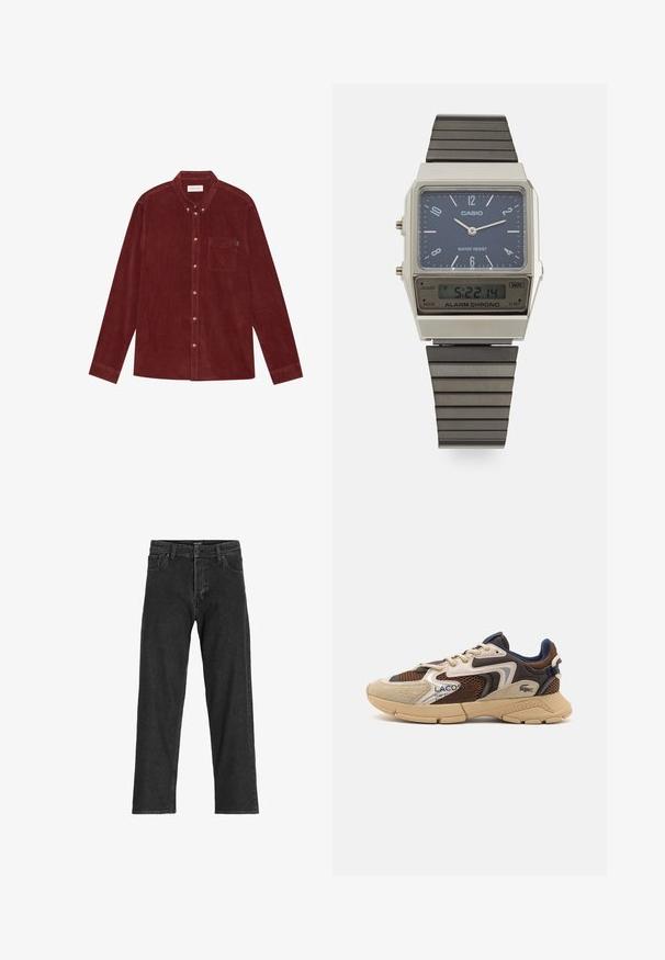 Brun fleecetröja med hög krage, halvdragkedja framtill och långa ärmar. Har en vit logotyp på bröstet. Mjukt, texturerat tyg.; Röd manchestert skjorta med knapp-ner krage, långa ärmar, framficka och knappar i guldfärg. Strukturerad väv.; Svarta denimjeans med rak passform, featuring dragkedja, bälteslöljer och sex fickor, tillverkade av en kraftig bomullsblandning.; Beige och bruna sneakers med texturerade meshpaneler, mockadetaljer och gummisulor. Har snörningsdesign och varumärkesdetaljer.; Casio digital klocka med blå urtavla, silverfärgad klockkropp och ett lager av svart gummiarmband. Visar tid och väckningsinställningar. Vattentålig.