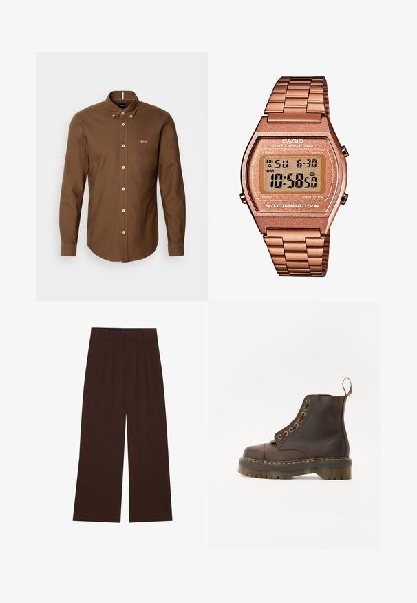 Pullover in pile marrone con colletto alto, zip frontale a metà e maniche lunghe. Presenta un logo bianco sul petto. Tessuto morbido e testurizzato.; BOSS ROAN - Camicia - brown; Pantaloni larghi marroni con pieghe. Realizzati in un tessuto liscio, presentano una vita sagomata e tasche laterali. Orlo piatto in fondo.; Stivale alla caviglia in pelle marrone con punta tonda, cuciture gialle a contrasto, occhielli decorativi in metallo e suola in gomma scanalata.; Orologio digitale Casio con cinturino in metallo rosa dorato, cassa rettangolare, display illuminato e resistenza all'acqua, che mostra l'ora e la data.