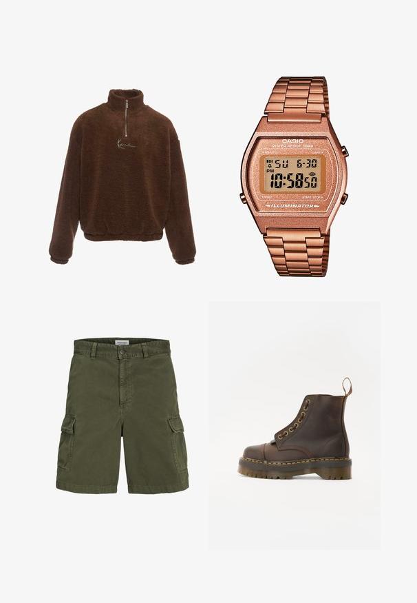Pullover in pile marrone con colletto alto, zip frontale a metà e maniche lunghe. Presenta un logo bianco sul petto. Tessuto morbido e testurizzato.; Set di cinque T-shirt in nero, verde pallido, beige, viola chiaro e bianco. Ognuna ha un collo rotondo e maniche corte, realizzata in cotone.; Pantaloni cargo verde oliva realizzati in cotone, con zip frontale, passanti per cintura, tasche laterali e un design a gamba dritta.; Stivale alla caviglia in pelle marrone con punta tonda, cuciture gialle a contrasto, occhielli decorativi in metallo e suola in gomma scanalata.; Orologio digitale Casio con cinturino in metallo rosa dorato, cassa rettangolare, display illuminato e resistenza all'acqua, che mostra l'ora e la data.