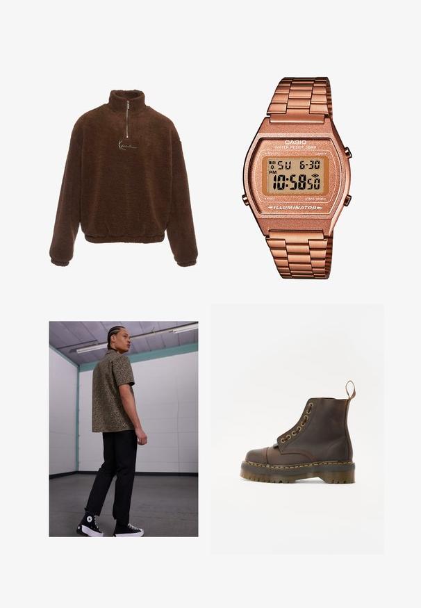 Bruine fleece pullover met een hoge kraag, een halve ritssluiting aan de voorkant en lange mouwen. Bevat een wit logo op de borst. Zachte, gestructureerde stof.; Set van vijf T-shirts in zwart, lichtgroen, beige, lichtpaars en wit. Elk heeft een ronde halslijn en korte mouwen, gemaakt van katoen.; Korte mouwen luipaardprint shirt in bruin en zwart, gecombineerd met zwarte broek en zwarte high-top sneakers met witte accenten.; Bruine leren enkellaars met een ronde neus, contrasterende gele stiksels, decoratieve metalen oogjes en een gegroefd rubberen zool.; Digitale Casio horloge met een roségouden metalen band, rechthoekige kast, verlicht display en waterdicht, toont tijd en datum.