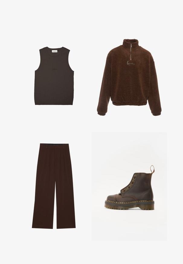 Brun fleece pullover med høj krave, halv lynlås foran og lange ærmer. Har et hvidt logo på brystet. Blødt, tekstureret stof.; Mørkebrun ærmeløs top i ribbet stof, der har en rund halsudskæring og subtil brandbroderi i matchende farve på forsiden.; Brune bredbenede bukser med plisseringer. Lavet af et glat stof, der har en skræddersyet talje og sidelommer. Flad kant nederst.; Brun læder ankelstøvle med rund tå, kontrasterende gul syning, dekorative metaløjer og en ribbet gummisål.
