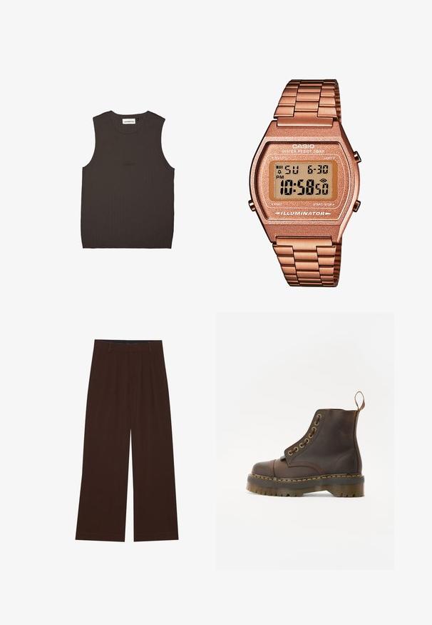Pulover din fleece maro cu guler înalt, fermoar pe jumătate în față și maneci lungi. Prezintă un logo alb pe piept. Material moale, texturat.; Top fără mâneci, de culoare maro închis, din material cu textură ribbed, având o guler rotund și broderie discretă a brandului în culoare asortată pe față.; Pantaloni maro, cu picioare largi, cu pliuri. Realizați dintr-un material neted, având o talie cusută și buzunare laterale. Tiv plat la baza.; Bocanci din piele maro, cu vârful rotund, cusături galbene contrastante, ochiuri din metal decorative și o talpă din cauciuc cu caneluri.; Ceas digital Casio cu brățară din metal roz auriu, carcasă rectangulară, display iluminat și rezistență la apă, afişând ora și data.