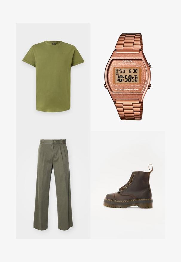 Bordó gyapjú pulóver magas gallérral, fél cipzárral elöl és hosszú ujjakkal. A mellrészen fehér logó található. Puha, texturált anyag.; Olíva zöld, rövid ujjú póló, puha pamutból készült, kerek nyakkivágással és diszkrét logóval a mellrészen. Az anyag sima tapintású.; Olívazöld nadrág, laza, széles lábakkal és elülső redők kialakítással. Texturált anyagból készült, standard derékrésszel és látható fémalkatrészek nélkül.; Barna bőr bokacsizma, kerek orrral, kontrasztáló sárga varrással, dekoratív fém szemölcsökkel és bordázott gumitalppal.; Digitális Casio óra rózsaarany fém szíjjal, téglalap alakú házzal, megvilágított kijelzővel és vízállósággal, mutatja az időt és a dátumot.