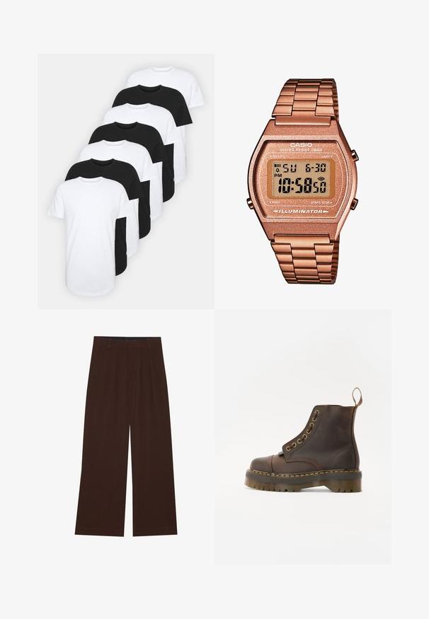 Brūns vilnas džemperis ar augstu apkakli, ar pusceļa rāvējslēdzēju un garām piedurknēm. Uz krūšu ir balts logos. Mīksta, teksturēta audums.; Astoņu apaļu kakla krekls komplekts melnā un baltā krāsā. Izgatavots no kokvilnas, ar īsām piedurknēm, standarta piegriezums, gluda tekstūra, ar birku detaļām.; Brūni plaša kāju bikses ar krokām. Izgatavotas no gluda auduma, ar pielāgotu jostas vidi un sānu kabatām. Lietus piegriezums apakšā.; Brūni ādas potītes zābaki ar noapaļotu purngalu, kontrastējošām dzeltenām šuvēm, dekoratīvām metāla acīm un rievotu gumijas zoli.; Digitālais Casio pulkstenis ar rozā zelta metāla siksniņu, taisnstūra korpusu, apgaismotu displeju un ūdensizturību, kas attēlo laiku un datumu.