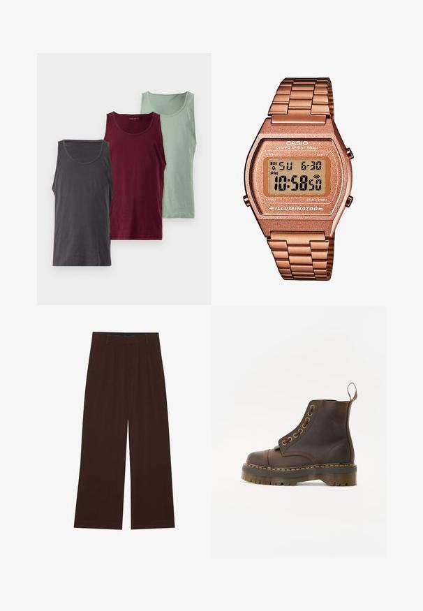 Brūns vilnas džemperis ar augstu apkakli, ar pusceļa rāvējslēdzēju un garām piedurknēm. Uz krūšu ir balts logos. Mīksta, teksturēta audums.; Trīs topi bez piedurknēm dažādās krāsās: tumši pelēkā, vīna sarkanā un gaiši zilā. Katram ir gluda tekstūra un noapaļots kakla izgriezums.; Brūni plaša kāju bikses ar krokām. Izgatavotas no gluda auduma, ar pielāgotu jostas vidi un sānu kabatām. Lietus piegriezums apakšā.; Brūni ādas potītes zābaki ar noapaļotu purngalu, kontrastējošām dzeltenām šuvēm, dekoratīvām metāla acīm un rievotu gumijas zoli.; Digitālais Casio pulkstenis ar rozā zelta metāla siksniņu, taisnstūra korpusu, apgaismotu displeju un ūdensizturību, kas attēlo laiku un datumu.