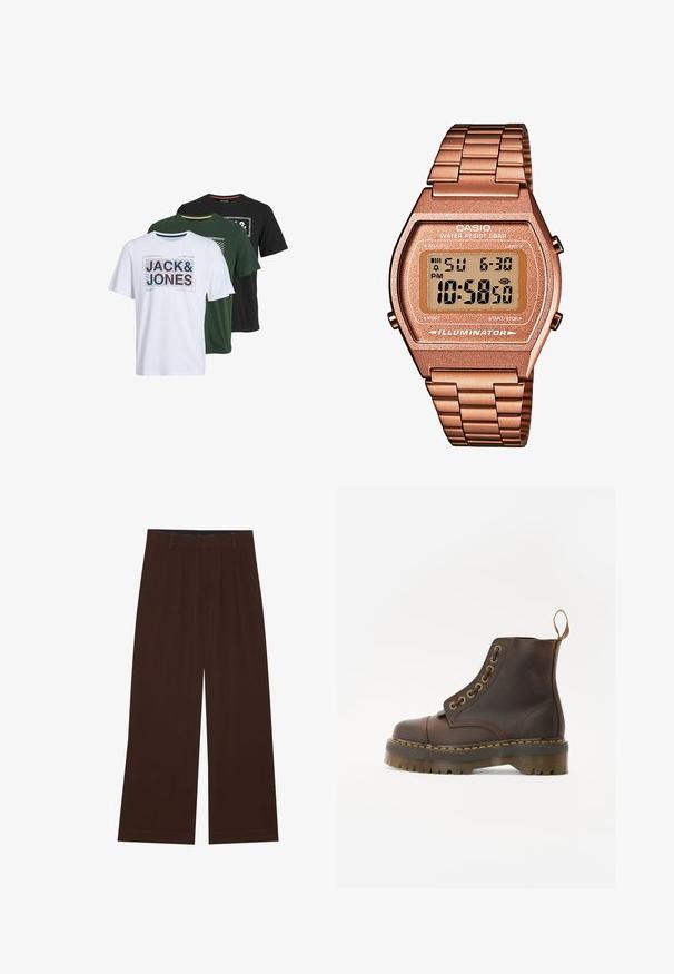 Smešani smeđi flis pulover s visokim ovratnikom, prednjim zatvaračem do pola i dugim rukavima. Na grudima se nalazi bijeli logo. Mekana, teksturirana tkanina.; Tri kratka rukava majice u bijeloj, zelenoj i crnoj boji, s grafičkim printovima na kojima se nalazi tekst "JACK & JONES" u različitim stilovima i bojama.; Smeđe široke hlače s nabranim detaljima. Izrađene od glatkog materijala, s krojenim pojasom i bočnim džepovima. Ravni rub na dnu.; Smeđe kožne čizme do gležnja s okruglim vrhom, kontrastnim žutim šavovima, dekorativnim metalnim rupicama i zupčastom gumom.; Digitalni Casio sat s metalnom narukvicom u ružičastom zlatu, pravokutnim kućištem, osvijetljenim zaslonom i vodootpornošću, prikazuje vrijeme i datum.