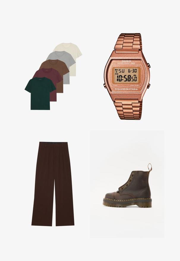 Brūns vilnas džemperis ar augstu apkakli, ar pusceļa rāvējslēdzēju un garām piedurknēm. Uz krūšu ir balts logos. Mīksta, teksturēta audums.; Pieci apaļā kakla T-krekli dažādās krāsās: tumši zaļa, bordo, brūna, gaiši pelēka un krēmīga; visiem ir īsas piedurknes un gluda tekstūra.; Brūni plaša kāju bikses ar krokām. Izgatavotas no gluda auduma, ar pielāgotu jostas vidi un sānu kabatām. Lietus piegriezums apakšā.; Brūni ādas potītes zābaki ar noapaļotu purngalu, kontrastējošām dzeltenām šuvēm, dekoratīvām metāla acīm un rievotu gumijas zoli.; Digitālais Casio pulkstenis ar rozā zelta metāla siksniņu, taisnstūra korpusu, apgaismotu displeju un ūdensizturību, kas attēlo laiku un datumu.