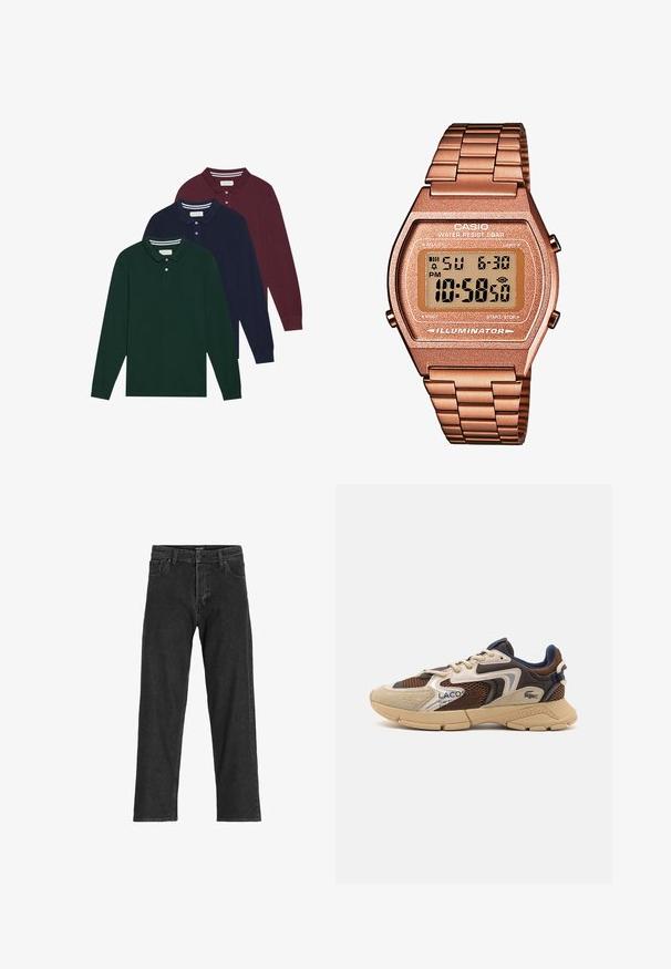 Brun fleece pullover med høj krave, halv lynlås foran og lange ærmer. Har et hvidt logo på brystet. Blødt, tekstureret stof.; Tre langærmede polo shirts i mørkegrøn, marineblå og bordeaux, med klassiske kraver og knapper. Blødt, tekstureret stof.; Sorte denim jeans med lige ben-design, som har lynlås, bæltestropper og seks lommer, lavet af et robust bomuldsblandingsstof.; Beige og brune sneakers med strukturerede mesh-paneler, suedette detaljer og gummisål. Har snørebåndsdesign og brandede detaljer.; Digital Casio ur med et roseguld metalarmbånd, rektangulær kasse, oplyst skærm og vandtæthed, som viser tid og dato.
