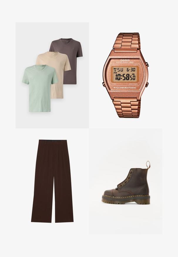 Brūns vilnas džemperis ar augstu apkakli, ar pusceļa rāvējslēdzēju un garām piedurknēm. Uz krūšu ir balts logos. Mīksta, teksturēta audums.; Trīs v-veida kakla t-krekli nomierinošās krāsās: zaļa, bēša un brūna. Īsas piedurknes, mīksta auduma un katrā ir neliels logotips uz krūtīm.; Brūni plaša kāju bikses ar krokām. Izgatavotas no gluda auduma, ar pielāgotu jostas vidi un sānu kabatām. Lietus piegriezums apakšā.; Brūni ādas potītes zābaki ar noapaļotu purngalu, kontrastējošām dzeltenām šuvēm, dekoratīvām metāla acīm un rievotu gumijas zoli.; Digitālais Casio pulkstenis ar rozā zelta metāla siksniņu, taisnstūra korpusu, apgaismotu displeju un ūdensizturību, kas attēlo laiku un datumu.