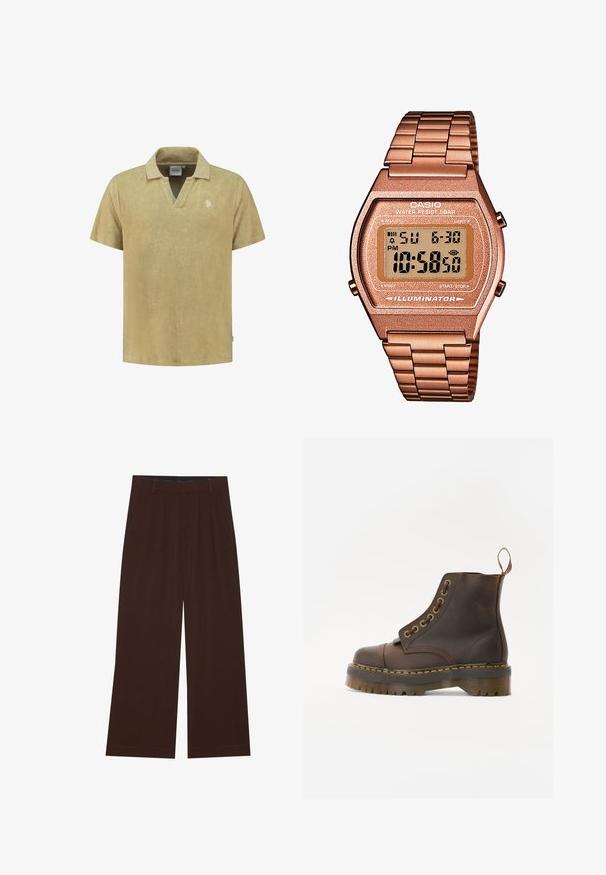 Bordó gyapjú pulóver magas gallérral, fél cipzárral elöl és hosszú ujjakkal. A mellrészen fehér logó található. Puha, texturált anyag.; Rövid ujjú pólóing puha bézs törölközőanyagból, V-nyakú, kis hímzett logóval a mellkason. Sima textúra és laza szabás.; Barna, széles lábú nadrág, plisszézett részleggel. Simább anyagból készült, szabott derékkal és oldalsó zsebekkel rendelkezik. Lapos szegéllyel az alsó részen.; Barna bőr bokacsizma, kerek orrral, kontrasztáló sárga varrással, dekoratív fém szemölcsökkel és bordázott gumitalppal.; Digitális Casio óra rózsaarany fém szíjjal, téglalap alakú házzal, megvilágított kijelzővel és vízállósággal, mutatja az időt és a dátumot.