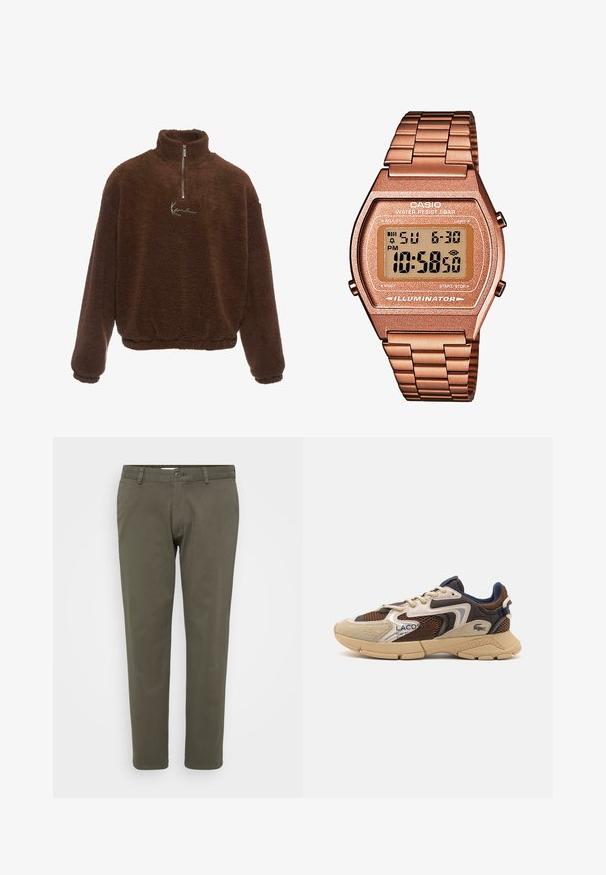 Rjav flis pulover z visokim ovratnikom, spredaj na pol zadrgo in dolgimi rokavi. Na prsih vsebuje belo logo. Mehka, teksturirana tkanina.; Olive zelena hlače narejene iz mešanice bombaža. Hlače s ravnim krojem, ravnim sprednjim delom, z gumbom in zankami za pas. Gladka tekstura.; Bež in rjav športni copat z teksturiranimi mrežastimi paneli, nubukastimi detajli in gumijastim podplatom. Obsegajo zasnovo na vezalke in blagovno znamko.; Digitalna Casio ura z rožnato zlato kovinsko zanko, pravokotno ohišje, osvetljen prikaz, vodoodpornost, ki prikazuje čas in datum.