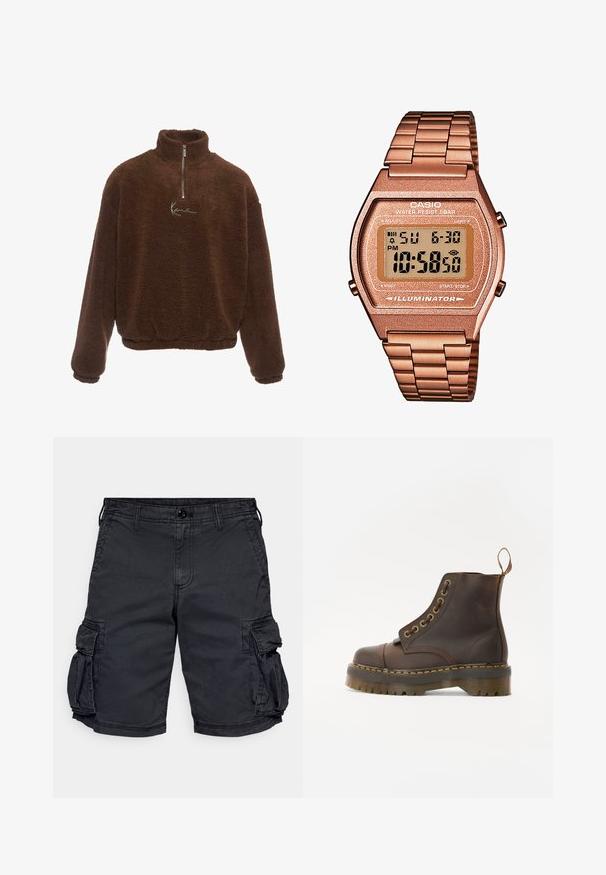 Rudas pliušinis megztinis su aukštu apykakle, pusiau užtraukiama priekyje, ir ilgomis rankovėmis. Krūtinėje yra baltas logotipas. Minkšta, tekstūruota medžiaga.; Juodos laisvos kelnės iš medvilnės su keliais šoninėmis kišenėmis, užtrauktuku ir diržo kilpomis. Pasižymi patvaria medžiaga su matomomis siūlėmis.; Rudos odinės kulkšninių batus su apvalia nosimi, kontrastinga geltona siūle, dekoratyviniais metaliniais akių skyreliais ir grioveliuota guma pagrindu.; Skaitmeninis Casio laikrodis su rožinės aukso metaline juosta, stačiakampiu korpusu, apšviečiamu ekranu ir atsparumu vandeniui, rodomas laikas ir data.