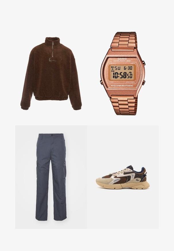 Bordó gyapjú pulóver magas gallérral, fél cipzárral elöl és hosszú ujjakkal. A mellrészen fehér logó található. Puha, texturált anyag.; Sötétszürke anyagú cargo nadrág, széles lábakkal, több oldalsó zsebbel és gombos derékzárral. Sima textúrájú és strapabíró kialakítású.; Beige és barna sportcipő, textúrált hálós panelek, velúr díszítések és gumitalp jellemzi. Fűzős dizájnnal és márkázott részletekkel rendelkezik.; Digitális Casio óra rózsaarany fém szíjjal, téglalap alakú házzal, megvilágított kijelzővel és vízállósággal, mutatja az időt és a dátumot.
