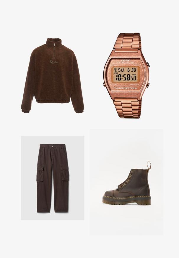 Rudas pliušinis megztinis su aukštu apykakle, pusiau užtraukiama priekyje, ir ilgomis rankovėmis. Krūtinėje yra baltas logotipas. Minkšta, tekstūruota medžiaga.; Rudos krovinių kelnės, pagamintos iš tvirtos medvilnės. Aprūpintos keliais naudingais kišenėmis, diržo kilpomis ir tiesiomis kojomis. Lygi tekstūra, klasikinis dizainas.; Rudos odinės kulkšninių batus su apvalia nosimi, kontrastinga geltona siūle, dekoratyviniais metaliniais akių skyreliais ir grioveliuota guma pagrindu.; Skaitmeninis Casio laikrodis su rožinės aukso metaline juosta, stačiakampiu korpusu, apšviečiamu ekranu ir atsparumu vandeniui, rodomas laikas ir data.
