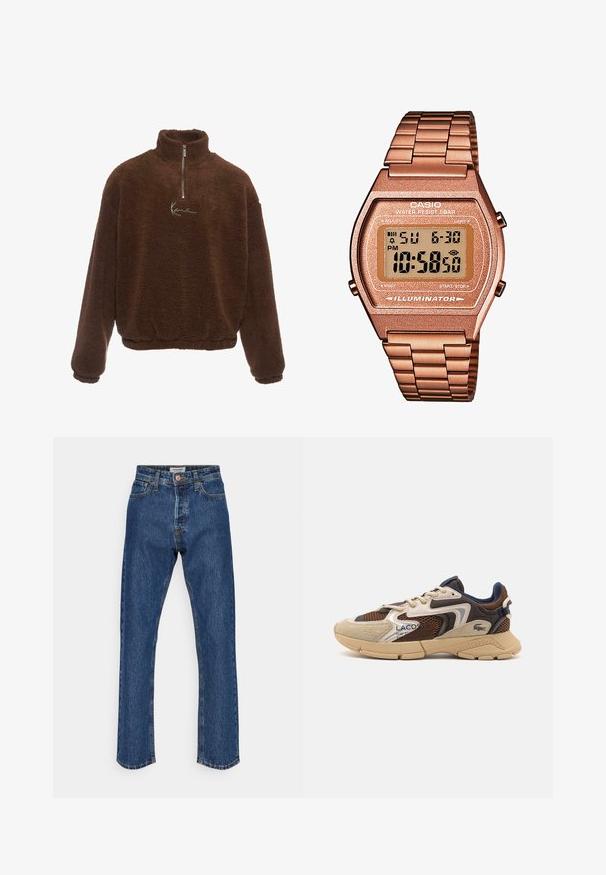 Bordó gyapjú pulóver magas gallérral, fél cipzárral elöl és hosszú ujjakkal. A mellrészen fehér logó található. Puha, texturált anyag.; Sötétkék farmernadrág magas derékkal és egyenes szárakkal. Gombos záródással, öt zsebbel és kontrasztos varrással rendelkezik.; Beige és barna sportcipő, textúrált hálós panelek, velúr díszítések és gumitalp jellemzi. Fűzős dizájnnal és márkázott részletekkel rendelkezik.; Digitális Casio óra rózsaarany fém szíjjal, téglalap alakú házzal, megvilágított kijelzővel és vízállósággal, mutatja az időt és a dátumot.