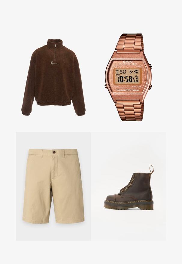Bordó gyapjú pulóver magas gallérral, fél cipzárral elöl és hosszú ujjakkal. A mellrészen fehér logó található. Puha, texturált anyag.; GAP VINTAGE - Rövidnadrágok - khaki; Barna bőr bokacsizma, kerek orrral, kontrasztáló sárga varrással, dekoratív fém szemölcsökkel és bordázott gumitalppal.; Digitális Casio óra rózsaarany fém szíjjal, téglalap alakú házzal, megvilágított kijelzővel és vízállósággal, mutatja az időt és a dátumot.