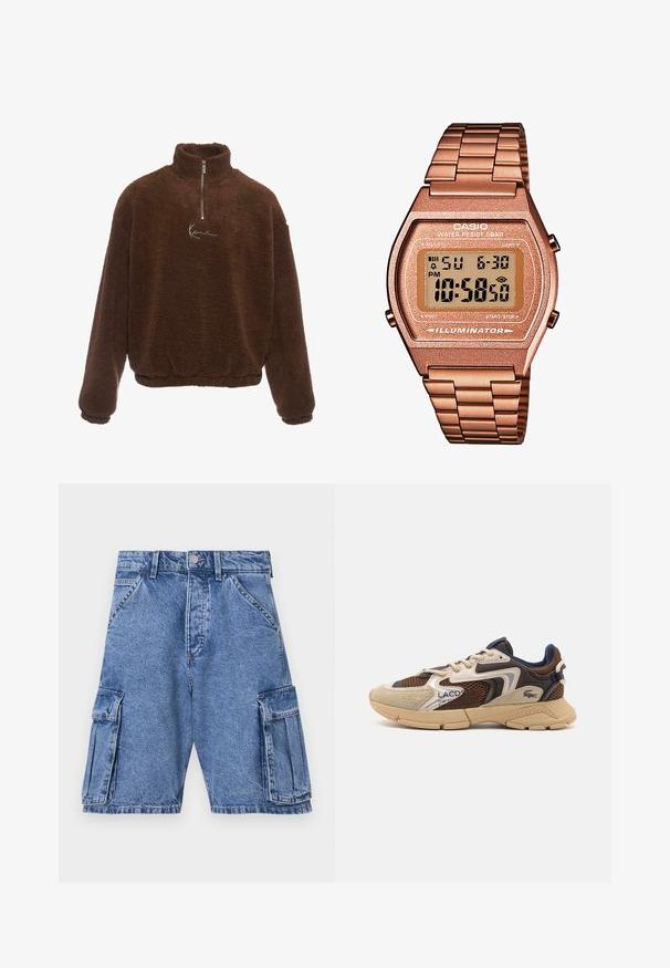 Rjav flis pulover z visokim ovratnikom, spredaj na pol zadrgo in dolgimi rokavi. Na prsih vsebuje belo logo. Mehka, teksturirana tkanina.; Modri denim kratki hlače z visokim pasom, več dodatnih žepov na straneh in klasičnim pet-imamnim dizajnom. Kamnito oprane teksture.; Bež in rjav športni copat z teksturiranimi mrežastimi paneli, nubukastimi detajli in gumijastim podplatom. Obsegajo zasnovo na vezalke in blagovno znamko.; Digitalna Casio ura z rožnato zlato kovinsko zanko, pravokotno ohišje, osvetljen prikaz, vodoodpornost, ki prikazuje čas in datum.