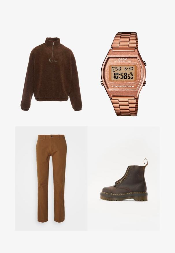 Brown fleece pullover with a high collar, half-zip front, and long sleeves. Features a white logo on the chest. Soft, textured fabric.; Brown chino pants featuring a slim fit, flat front, two front pockets, and a single button closure at the waist. Made of lightweight fabric.; Brown leather ankle boot with a round toe, contrasting yellow stitching, decorative metal eyelets, and a grooved rubber sole.; Digital Casio watch with a rose gold metal band, rectangular case, illuminated display, and water resistance, showing time and date.