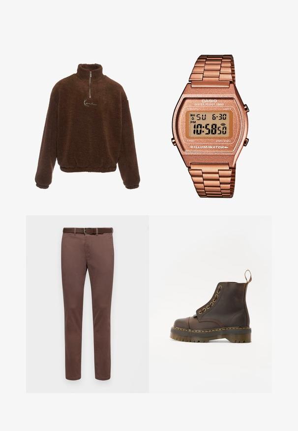 Brown fleece pullover with a high collar, half-zip front, and long sleeves. Features a white logo on the chest. Soft, textured fabric.; Brown cotton trousers with a straight cut, featuring a smooth texture and a matching belt. No visible patterns or accents.; Brown leather ankle boot with a round toe, contrasting yellow stitching, decorative metal eyelets, and a grooved rubber sole.; Digital Casio watch with a rose gold metal band, rectangular case, illuminated display, and water resistance, showing time and date.