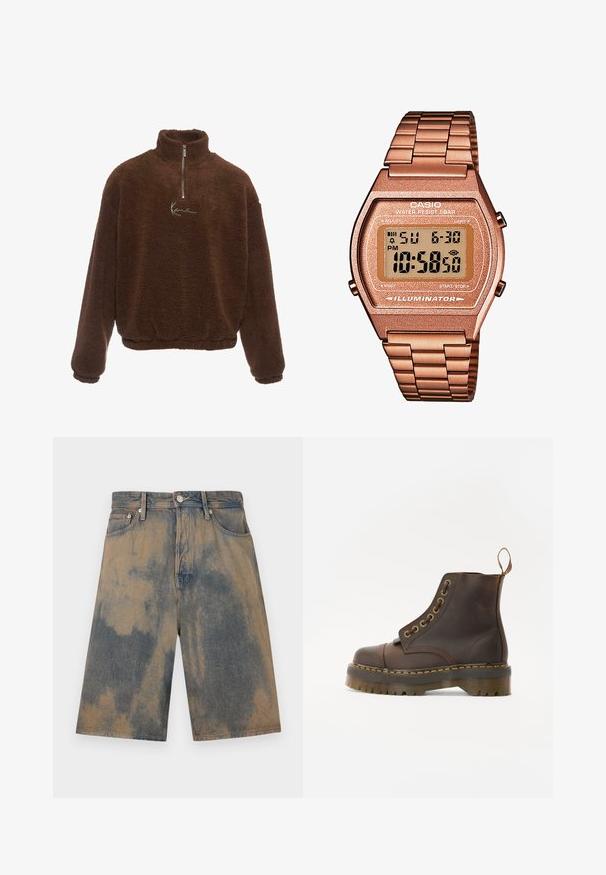 Sudadera de forro polar marrón con cuello alto, media cremallera en la parte delantera y mangas largas. Presenta un logo blanco en el pecho. Tejido suave y texturizado.; Shorts de mezclilla con un efecto de teñido anudado en azul desgastado y beige, que cuentan con un diseño clásico de cinco bolsillos y detalles de herrajes metálicos.; Botín de cuero marrón hasta el tobillo con punta redonda, costuras amarillas en contraste, ojales de metal decorativos y suela de goma estriada.; Reloj digital Casio con una correa de metal en color oro rosa, caja rectangular, pantalla iluminada y resistencia al agua, que muestra la hora y la fecha.