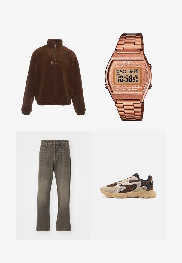 Rudas pliušinis megztinis su aukštu apykakle, pusiau užtraukiama priekyje, ir ilgomis rankovėmis. Krūtinėje yra baltas logotipas. Minkšta, tekstūruota medžiaga.; Rudi džinsai su tiesiais kojomis, turintys išblukusią tekstūrą, tradicinį penkių kišenių dizainą ir metalinį užsegimą.; Bežiniai ir rudi sportbačiai su tekstūruotais tinkliniais intarpais, zomšos akcentais ir guminiais padais. Pasižymi šniriamu dizainu ir prekiniais ženklais.; Skaitmeninis Casio laikrodis su rožinės aukso metaline juosta, stačiakampiu korpusu, apšviečiamu ekranu ir atsparumu vandeniui, rodomas laikas ir data.