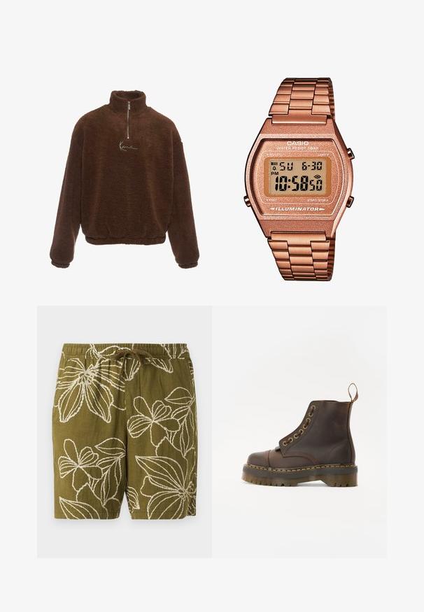Brown fleece pullover with a high collar, half-zip front, and long sleeves. Features a white logo on the chest. Soft, textured fabric.; Olive green linen shorts with white floral embroidery, featuring an elastic waistband and drawstring for adjustable fit.; Brown leather ankle boot with a round toe, contrasting yellow stitching, decorative metal eyelets, and a grooved rubber sole.; Digital Casio watch with a rose gold metal band, rectangular case, illuminated display, and water resistance, showing time and date.