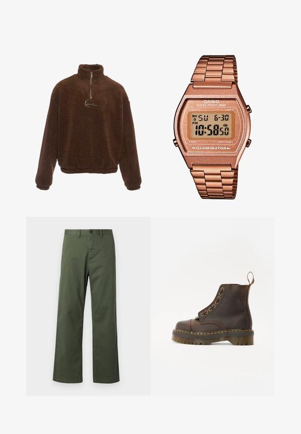 Brown fleece pullover with a high collar, half-zip front, and long sleeves. Features a white logo on the chest. Soft, textured fabric.; Green wide-leg pants made of cotton blend fabric, featuring a button closure, belt loops, and subtle vertical texture.; Brown leather ankle boot with a round toe, contrasting yellow stitching, decorative metal eyelets, and a grooved rubber sole.; Digital Casio watch with a rose gold metal band, rectangular case, illuminated display, and water resistance, showing time and date.