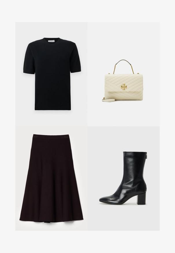 Black short-sleeve sweater featuring a ribbed crew neckline and hem, crafted from a smooth knit fabric with a classic, fitted shape.; Black flared skirt made of soft fabric, featuring a smooth waistband and a flowing A-line design, with a knee-length hem.; Black leather ankle boot with a pointed toe and 4 cm block heel. Sleek design features a side zipper for easy wear. Smooth texture.; Quilted cream handbag with a gold logo accent, featuring a top handle and a detachable shoulder strap, lined with a smooth texture.