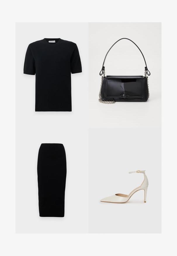 Pulover negru cu mâneci scurte, cu guler și tiv striați, confecționat dintr-un material tricotat neted, cu o croială clasică și potrivită.; Fustă tip creion neagră, ajustată pe corp, cu o textură netedă, talie înaltă și design până la genunchi. Fără modele vizibile sau detalii de feronerie.; Pantofii înalți din piele albă, cu vârf ascuțit, curea la gleznă și toc subțire de tip stiletto. Textură netedă cu un finisaj subtil lucios.; Geantă din piele patent neagră, cu o formă rectangulară, mânere din lanț și un accent distinctiv din metal în centru. Textură netedă.