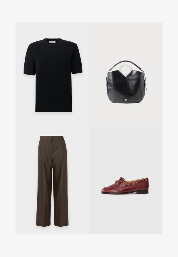 Schwarzer kurzen Wollpullover mit Rundhalsausschnitt. Hat eine glatte Textur sowie gerippte Bündchen und Saum. Minimalistisches Design, ohne Muster oder Akzente.; Braune weite Hosen mit einer glatten Textur, featuring einen hohen Bund, vorne Falten und einem taillierten Design. Keine sichtbaren Taschen oder Verzierungen.; Bordeauxfarbene Lederbootschuhe mit runder Spitze, Schnürdesign, goldenen Ösen und einer niedrigen schwarzen Sohle. Glatte Textur mit Nähdetails.; Schwarze Ledertasche mit geschwungener Form, kreisförmigem oberen Griff und silbernem Logo-Detail. Glatte Textur und auffälliges Ausschnittdesign.