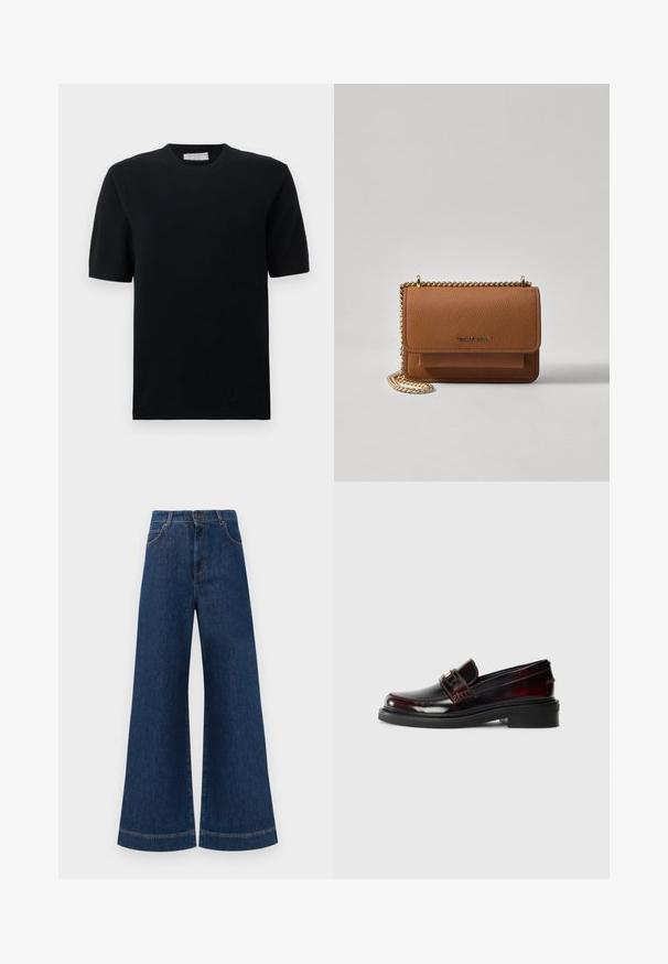Fekete, rövid ujjú pulóver bordázott kerek nyakkivágással és szegéllyel, sima kötött anyagból készült, klasszikus, karcsúsított fazonnal.; Magas derekú, széles lábú kék farmernadrág, gombos záródással, övhurkokkal és diszkrét varrási részletekkel a zsebeknél és a szegélyeknél.; Sötét bordó bőr loaferek fényes kivitelben. Jellemzője a varrott felsőrész, az elülső pánt és a lapos gumitalp.; Barna textúrájú bőr keresztbody táska arany lánc pánttal és fedélzárral. Az elején logó részlet és egy zseb található a fedél alatt.