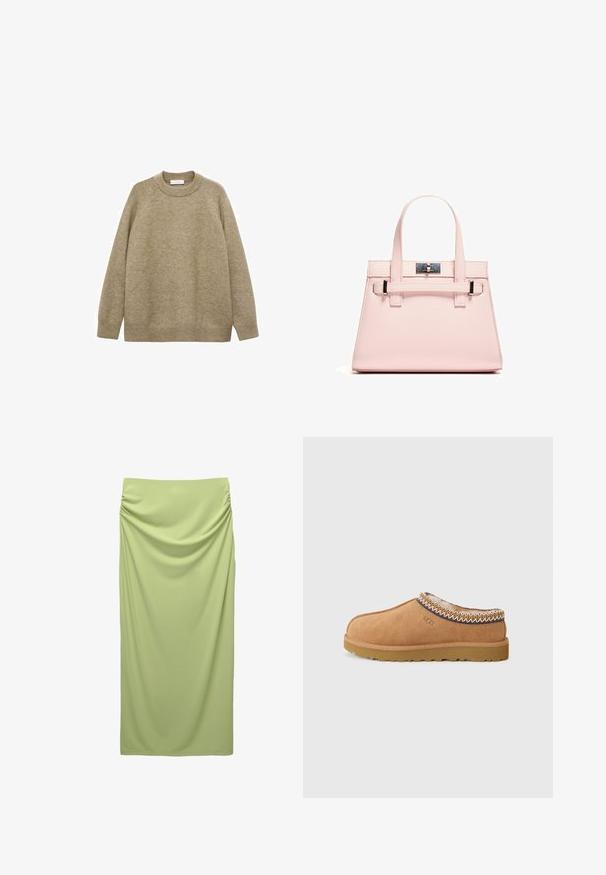 Beige sweater gemaakt van gestructureerde brei-stof, met een ronde hals, lange raglanmouwen en geribde zoom en manchetten.; Hooggewaisted, lange rok van zacht, lichtgroen stof. Heeft geplooide details aan de zijkant voor textuur en drape.; Tan suede instapschoen met een gestructureerde wollen voering en decoratieve etnische stiksel rond de kraag. Voorzien van een rubberen zool.; Roze gestructureerde handtas van textuurleer, met twee bovenhandvaten, een klapsluiting en contrasterende metalen accenten.