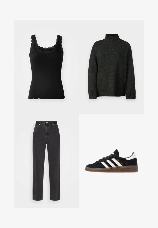 Vero Moda Tall VMMADDIE HIGHNECK PULL - Svetrík - dark grey melange; Čierny rebrovaný top na ramienka s čipkovým zakončením na výstrihu a ramenách, so zúženým strihom a zakriveným lemom, vyrobený z elastického materiálu.; Čierne džínsy s rovnými nohavicami a vysokým pásom, s predným zapínaním na gombík a zips, a štýlom s piatimi vreckami na bielom pozadí.; Čierne tenisky Adidas so bielymi pruhmi, zlatým textom "Spezial", gumenou podrážkou a bielym zadným pútkom, zobrazené z bočného pohľadu.