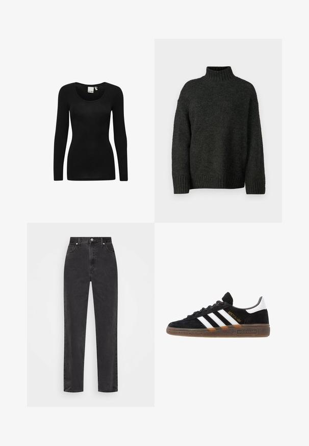 Vero Moda Tall VMMADDIE HIGHNECK PULL - Neule - dark grey melange; Mustapaita, jossa on pitkät hihat ja pyöreä kaula-aukko, valmistettu pehmeästä ja joustavasta kankaasta. Ominaisuuksiin kuuluu kapea siluetti ja minimalistinen muotoilu.; Suorat mustat farkut korkealla vyötäröllä, edessä nappi ja vetoketju sekä viisi taskua valkoisella taustalla.; Mustat Adidas-nikeset, joissa on valkoiset raidat, kultaiset "Spezial"-tekstiset, kumipohja ja valkoinen kantapää, esitetty sivuprofiilissa.