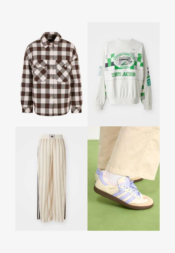 White sweatshirt featuring green and gray checkerboard design, “RITETOWN TENNIS CLUB” label, and “THE ACES” text on the front. Elastic cuffs.; Brown and white plaid button-up shirt with two chest pockets, featuring a classic collar, and button-down front. Soft fabric texture.; Cream-colored wide-leg pants with a zigzag pattern, featuring a black logo waistband and side black stripes. Lightweight, textured fabric.; Cream and lavender sneakers with three stripes and a textured brown sole, featuring laces and a padded heel. Soft fabric upper.