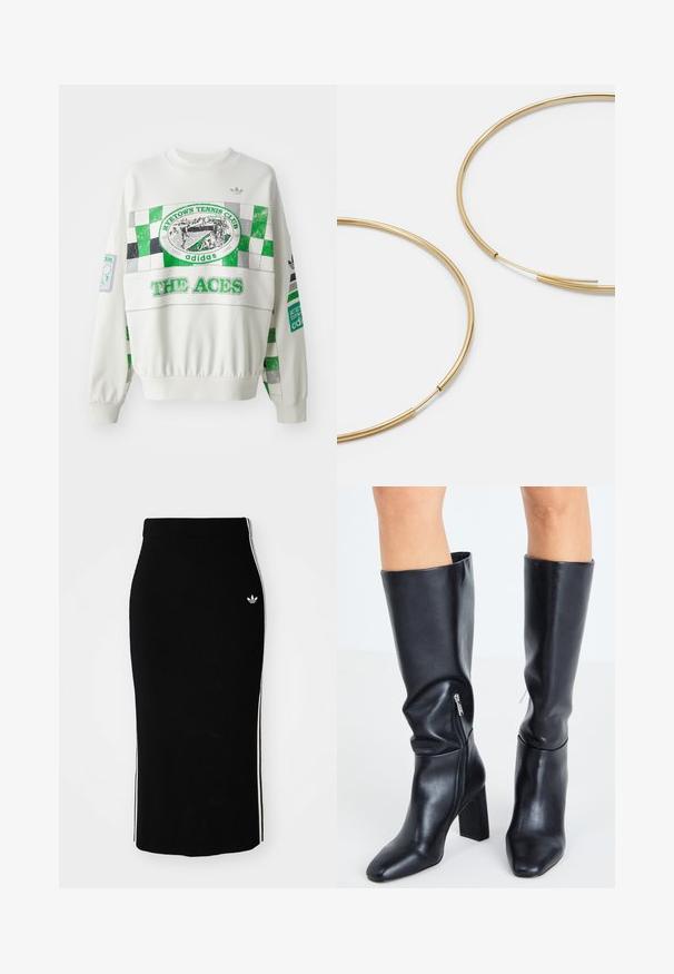 Biała bluza z zielono-szarym wzorem w kratkę, z etykietą "RITETOWN TENNIS CLUB" oraz napisem "THE ACES" z przodu. Elastyczne mankiety.; Czarna prążkowana spódnica midi o dopasowanym fasonie, z białymi paskami po bokach i małym białym emblematem z lewej strony.; Steve Madden - Kozaki; Złote kolczyki w kształcie cienkich okrągłych obręczy, o gładkim metalicznym wykończeniu, bez zdobień czy wzorów.