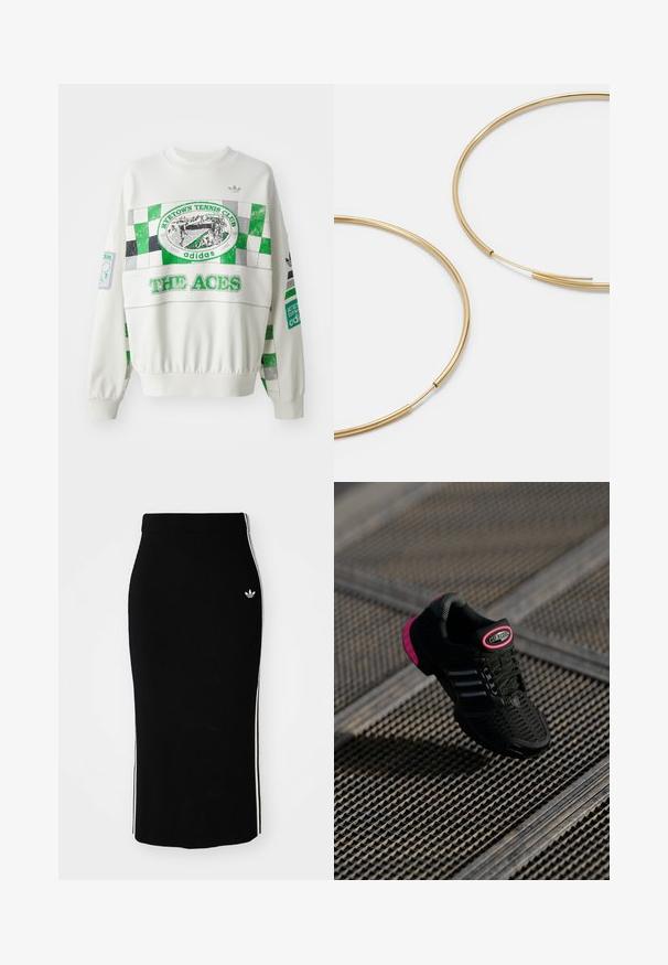 Valge sviiter, millel on roheline ja hall ruuduline muster, "RITETOWN TENNIS CLUB" silt ja "THE ACES" tekst ees. Elastsed varrukad.; Must have ribidega midi seelik, millel on hästi liibuv disain, valgete külgtriipude ja väikese valge embleemiga vasakul küljel.; Must värvi sportlik juhik, millel on võrkkangas ülemine osa, roosa aktsent ja mustad triibud. Omab teksteeritud välistalla ja logo silti kandadel.; Kulla värvi nõelad, õhukesed ja ümmargused, millel on sile metallist pind ja ilma kaunistuste või mustriteta.
