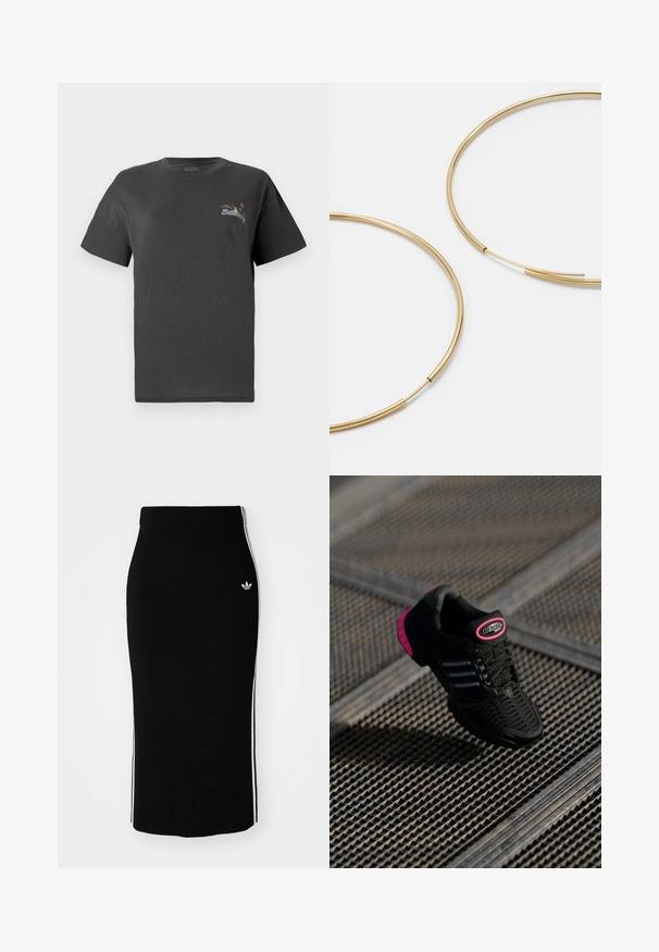 Biela mikina so zeleno-sivým štvorcovaným dizajnom, štítkom "RITETOWN TENNIS CLUB" a textom "THE ACES" na prednej strane. Elastické manžety.; Šedé bavlnené tričko s krátkymi rukávmi. Na hrudi sa nachádza malé multicolor vyšívané dizajn s nápisom "Billing." Klasický strih.; Čierna rebrovaná midi sukňa s priliehajúcim strihom, s bielymi bočnými pruhmi a malým bielym emblémom na ľavej strane.; Čierna športová obuv s priehľadnou vrchnou časťou, ružovými akcentmi a čiernymi pruhovanými detailmi. Obsahuje štruktúrovanú podrážku a štítok s logom na päte.; Zlaté kruhové náušnice, tenké a okrúhleho tvaru, s hladkým kovovým povrchom a bez ozdôb alebo vzorov.