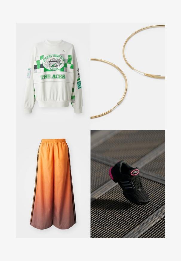 Bela dukserica s kapuljačom, ki ima zeleno in sivo šahovnico ter napis "RITETOWN TENNIS CLUB" in "THE ACES" na sprednji strani. Elastični zap wrist.; Hlače širokega kroja v oranžni degradaciji z črno stransko črto, z elastičnim pasom in lahkim materialom.; Črne atletske čevlje z mrežasto zgornjšo plastjo, rožnate akcenti in črne črtaste podrobnosti. Imajo teksturiran podplat in oznako z logotipom na peti.; Zlate obroče ušesne uhane, tanke in krožne oblike, z gladko kovinsko površino brez okrasnih elementov ali vzorcev.