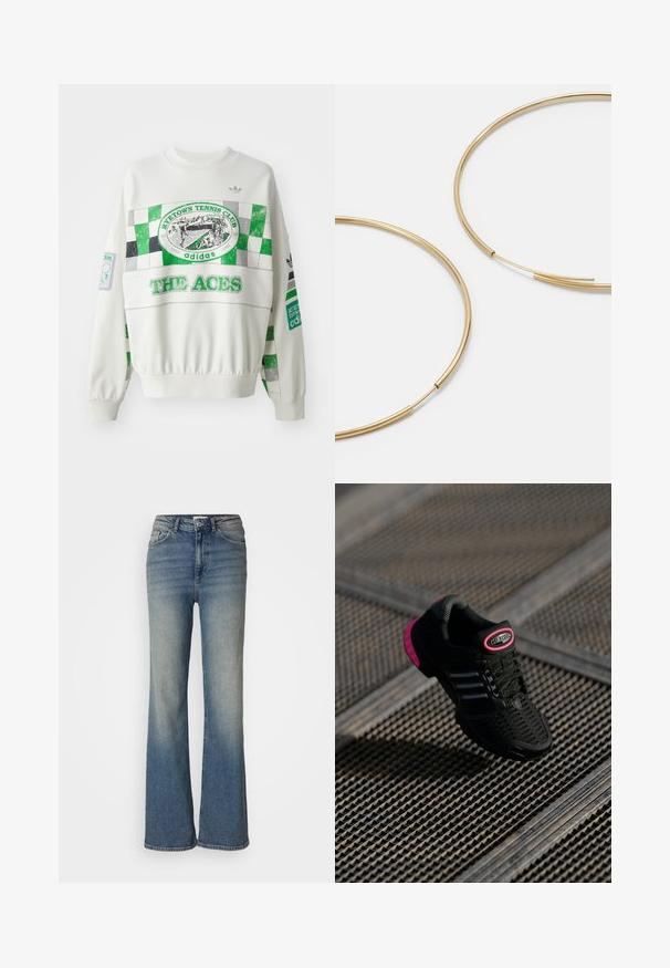 Valaistettu valkoinen huppari, jossa on vihreä ja harmaa ruutukuosisuunnittelu, "RITETOWN TENNIS CLUB" -merkintä ja "THE ACES" -teksti edessä. Joustavat hihansuut.; Leveletut farkut, jotka on valmistettu denimistä, ja niissä on haalistunut pesu, korkea vyötärö, viiden taskun muotoilu sekä näkyvät ompeluyksityiskohdat.; Musta urheilukenkä, jossa on verkkomateriaali, pinkit yksityiskohdat ja mustat raidoitukset. Varusteleet teksturoidulla pohjalla ja logotarralla kantapäässä.; Kultaiset rengaskorvakorut, ohuet ja pyöreät, joissa on sileä metallipinta ilman koristeluja tai kuvioita.