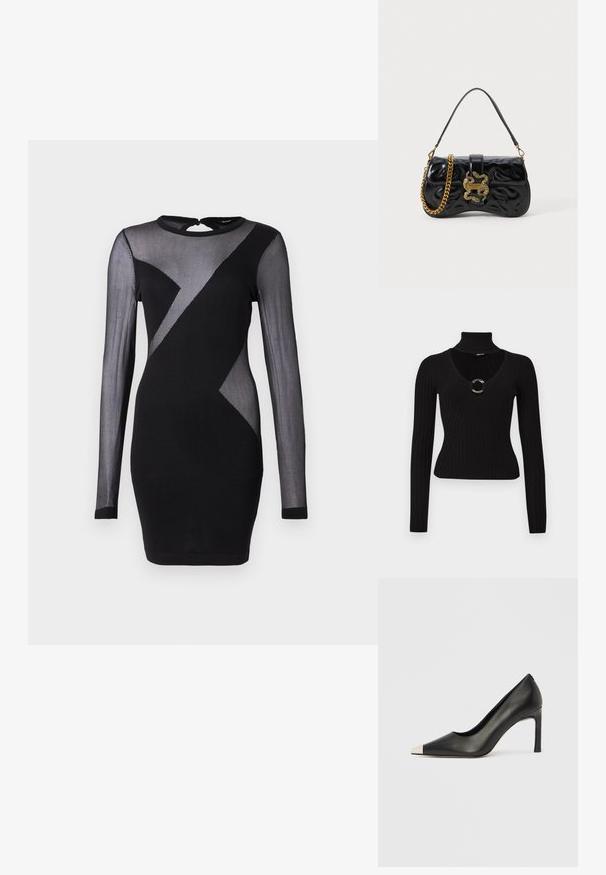 Melnā ribota augstās apkakles blūze ar dziļu V-veida kakla izgriezumu un apaļu zelta akcentu krūšu daļā. Garas piedurknes ar pieguļošu dizainu.; Melnas kleitas, kurai ir garas, caurspīdīgas piedurknes, noapaļots kakla izgriezums un ģeometrisks raksts ar gaišām un tumšām auduma daļām.; Melns ādas augstpapēžu kurpes ar smailu purngalu un metāliski sudraba uzgali. Ir gluda apdare un slaids 10 cm augsts papēdis.; Melna mākslīgās ādas rokas soma ar uzspiestu viļņu rakstu, zelta tonis ķēdes siksna un dekoratīvs čūskas formas aizdares elements ar logotipu.