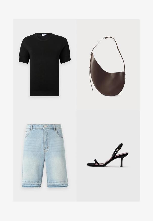Top negro de manga corta tejido con cuello redondo. Presenta detalles sutiles acanalados en las mangas y el dobladillo, confeccionado con una tela suave.; Shorts de denim azul claro con dobladillo deshilachado, diseño de cinco bolsillos y cinturilla estándar con cierre de botón. Desgaste sutil por todo el tejido.; Sandalia de tacón alto de gamuza negra para mujer, con tiras finas y una hebilla dorada, sobre un fondo blanco, vista lateral.; Bolso de cuero marrón con forma curva, correa única y diseño minimalista. Presenta un logotipo sutil y acentos en dorado.